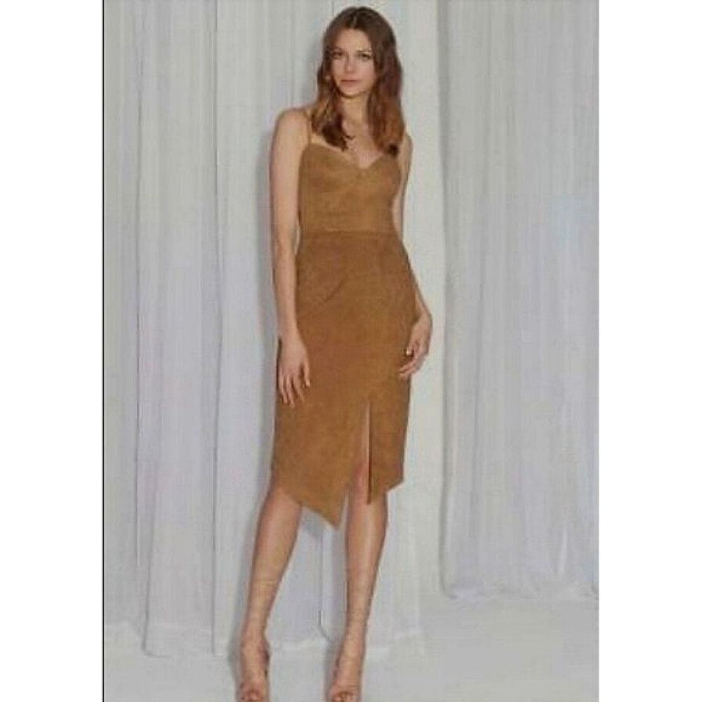 SHEIKE cocktail Dress camel nude Suede Sze 12 pencil split strappy gorgeous - Picture 2 of 8